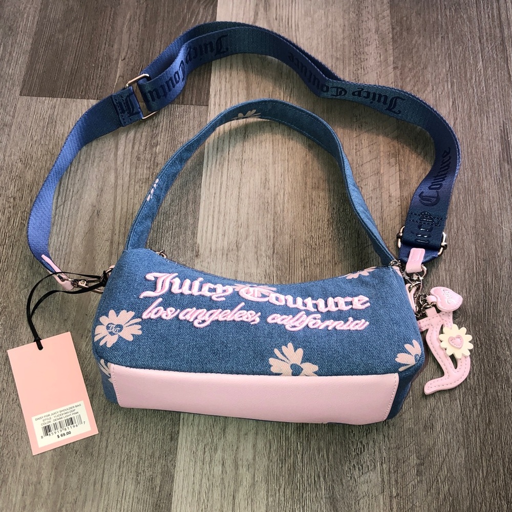 Juicy Couture Denim Light Pink Daisy For Juicy Shoulder Bag + Strap & Charm NWT